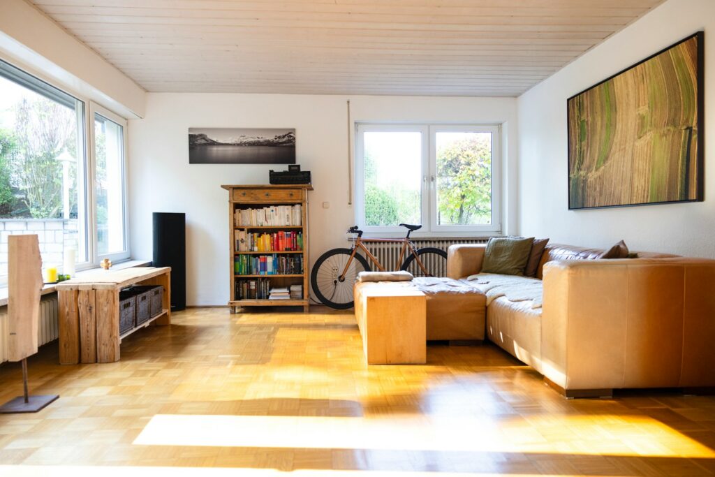 a bicycle is parked in a living room